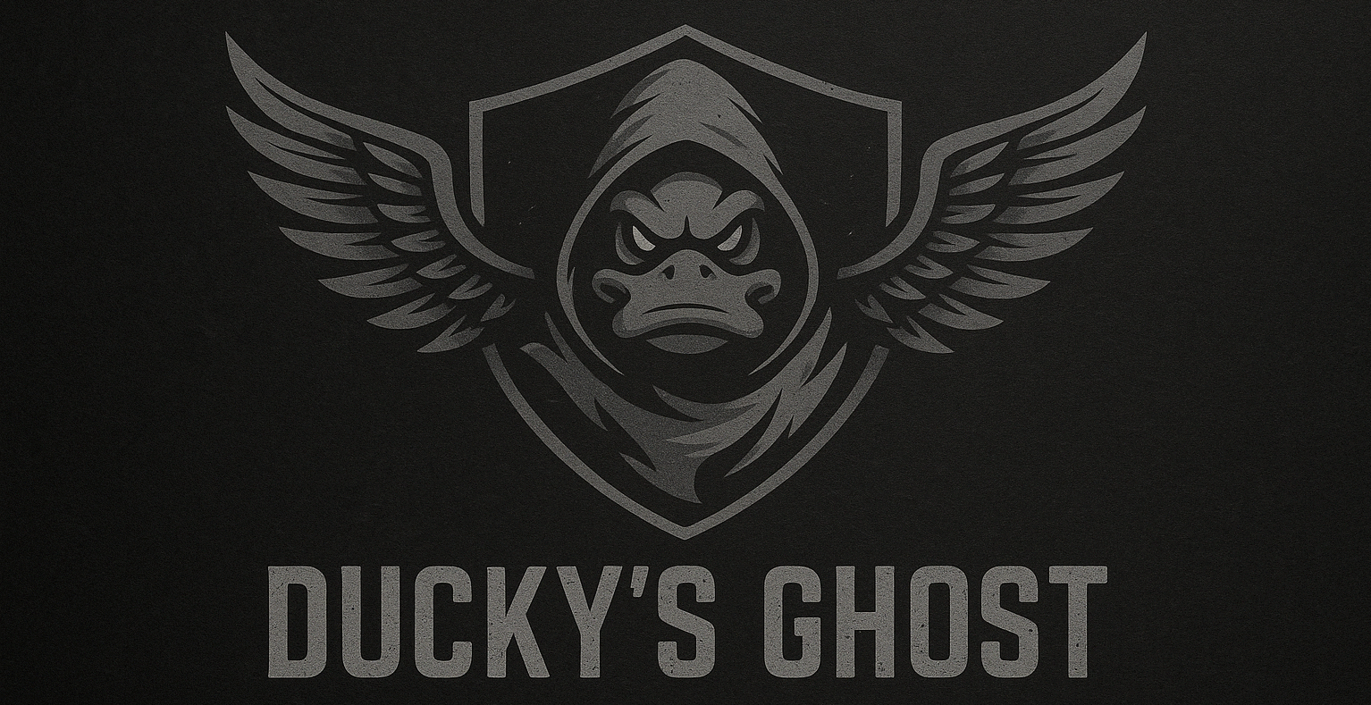 duckys ghost web header black and gray with duck in hoody.